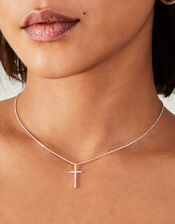 Sterling Silver-Plated Diamante Cross Pendant Necklace, , large