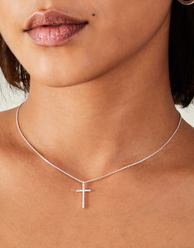 Sterling Silver-Plated Diamante Cross Pendant Necklace, , large
