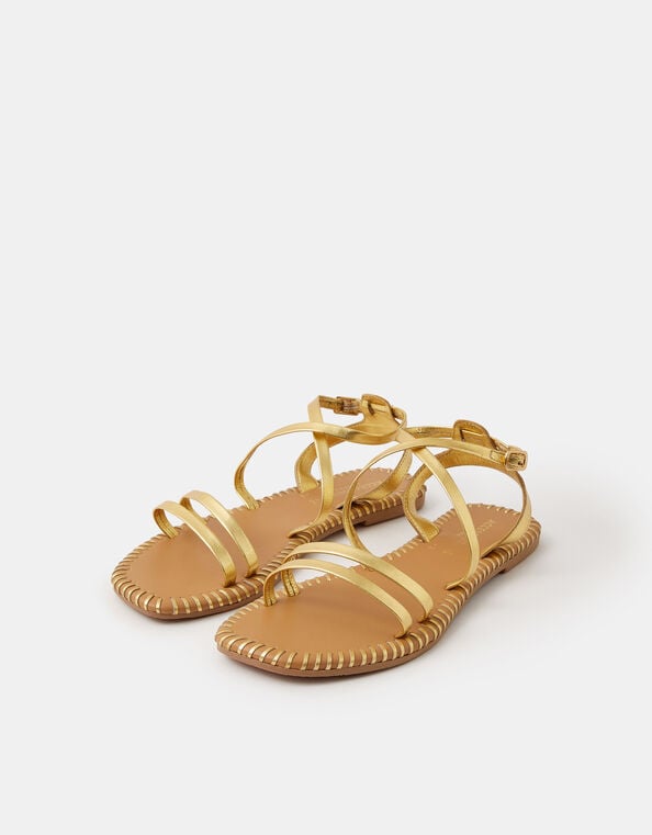 Strappy Leather Sandals, Gold (GOLD), large