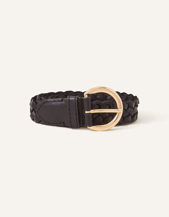 Leather Plaited Belt, Black (BLACK), large