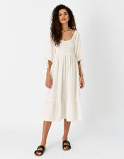 Puff Sleeve Textured Midi Dress, White (WHITE), large