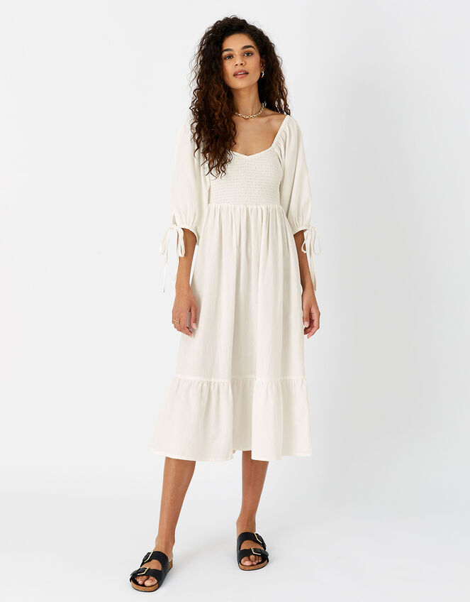 Puff Sleeve Textured Midi Dress, White (WHITE), large