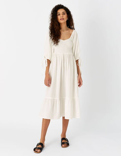 Puff Sleeve Textured Midi Dress White, White (WHITE), large