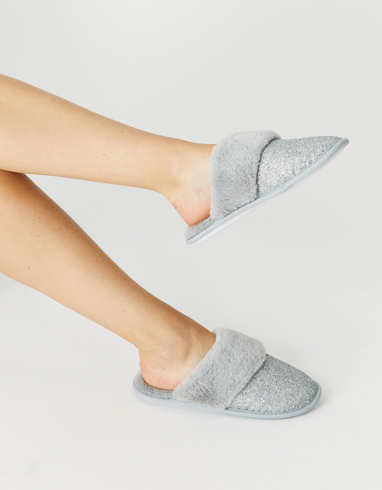 Glitter Fluffy Mule Slippers Silver Slippers Accessorize UK