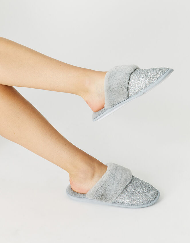 Glitter Fluffy Mule Slippers, Silver (SILVER), large