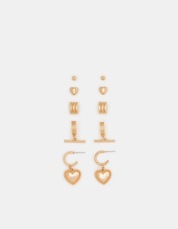 5-Pack T-bar & Heart Hoop Stud Earrings, , large