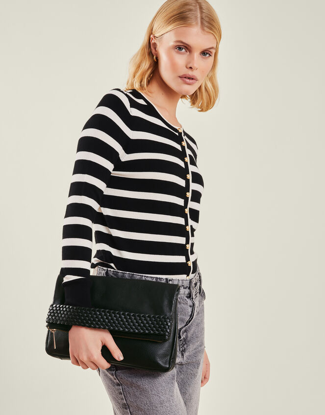 Leather Woven Clutch Bag, Black (BLACK), large