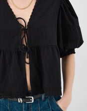 Puff Sleeve Tie Front Blouse, Black (BLACK), large