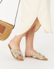 Cowrie Shell Beaded Cross-Over Sandals, Natural (NATURAL), large