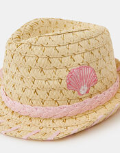 Girls Seashell Straw Trilby Hat, Natural (NATURAL), large