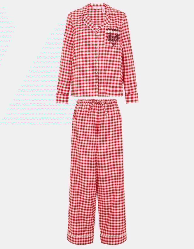 Embroidered Gingham Long Pyjamas Set, Red (RED), large
