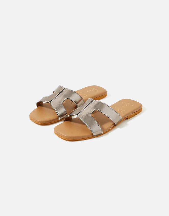 Contrast Stitch Leather Sandals , Metallic (METALLICS), large