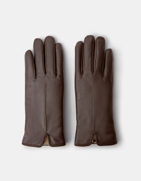 Faux Fur Lined Leather Gloves, Brown (CHOCOLATE), large