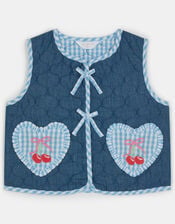 Girls Cherry Gingham Quilted Waistcoat, Blue (NAVY), large