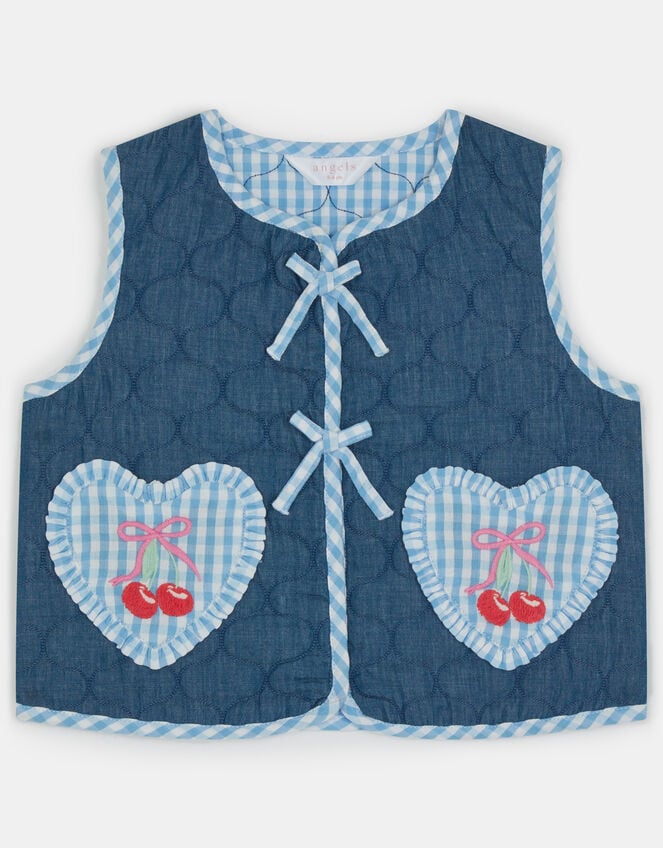 Girls Cherry Gingham Quilted Waistcoat, Blue (NAVY), large
