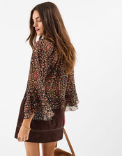 Floral Paisley Print Ruffle Blouse, Black (BLACK), large