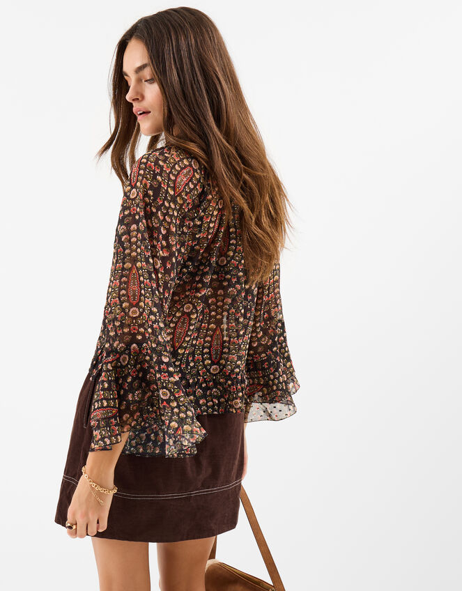 Floral Paisley Print Ruffle Blouse, Black (BLACK), large