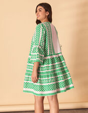 Print Jacquard Flute Sleeve Mini Dress with Sustainable Cotton, Green (GREEN), large