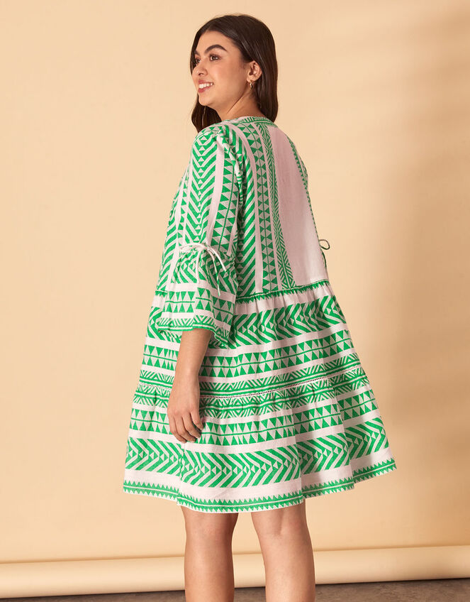 Print Jacquard Flute Sleeve Mini Dress with Sustainable Cotton, Green (GREEN), large