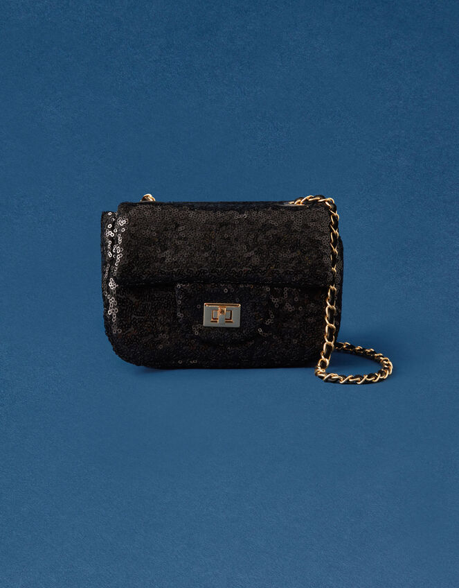 Mini Sequin Chain Cross-Body Bag, Black (BLACK), large