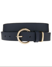 Round Buckle Leather Belt, Blue (NAVY), large