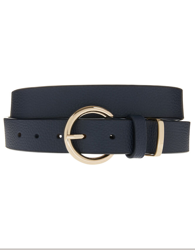 Round Buckle Leather Belt, Blue (NAVY), large