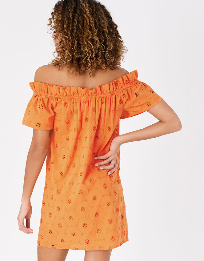 Schiffli Bardot Dress in Organic Cotton, Orange (ORANGE), large