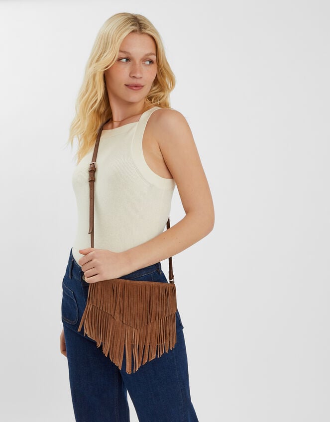 Suede Fringe Crossbody Bag, Tan (TAN), large