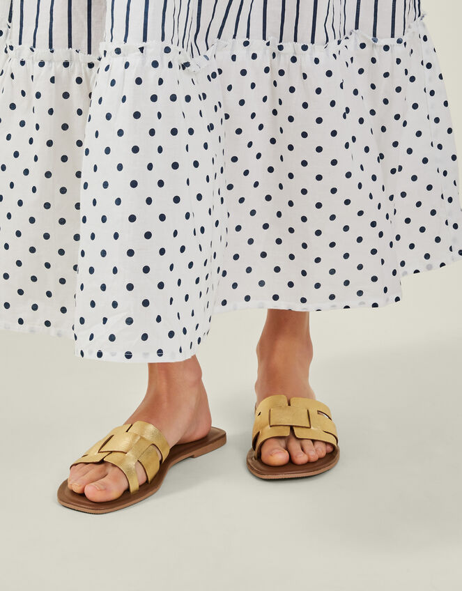 Metallic Leather Cut-Out Slide Sandals, Gold (GOLD), large