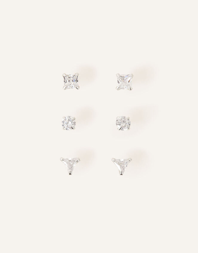Sterling Silver Crystal Studs Set of Three, , large