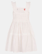 Girls Floral Embroidered Dress, White (WHITE), large