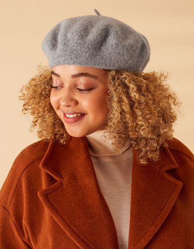 Beret Hat in Pure Wool, Grey (GREY), large