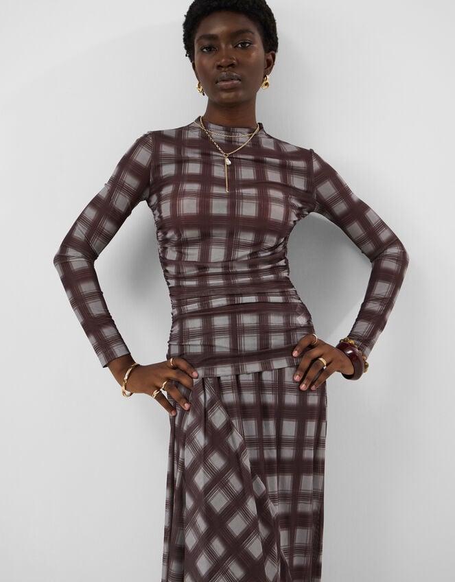 Check Print Mesh Long Sleeve Top, Multi (MULTI), large