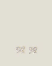 Sterling Silver Diamante Bow Stud Earrings, Silver (ST SILVER), large