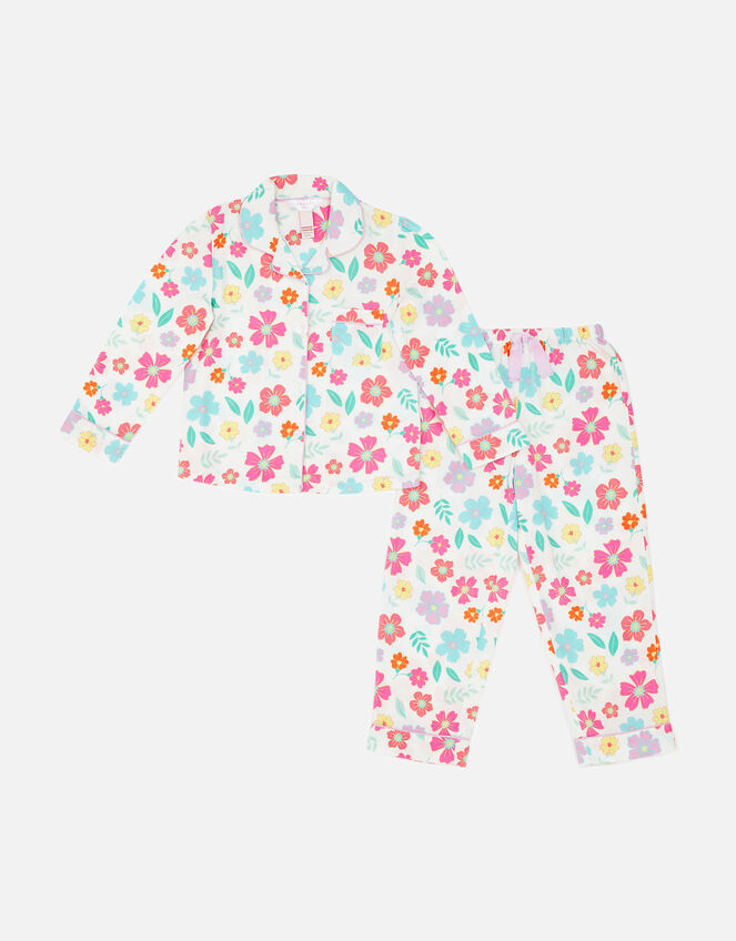 Girls Floral Print Pyjamas in Organic Cotton, Blue (BLUE), large