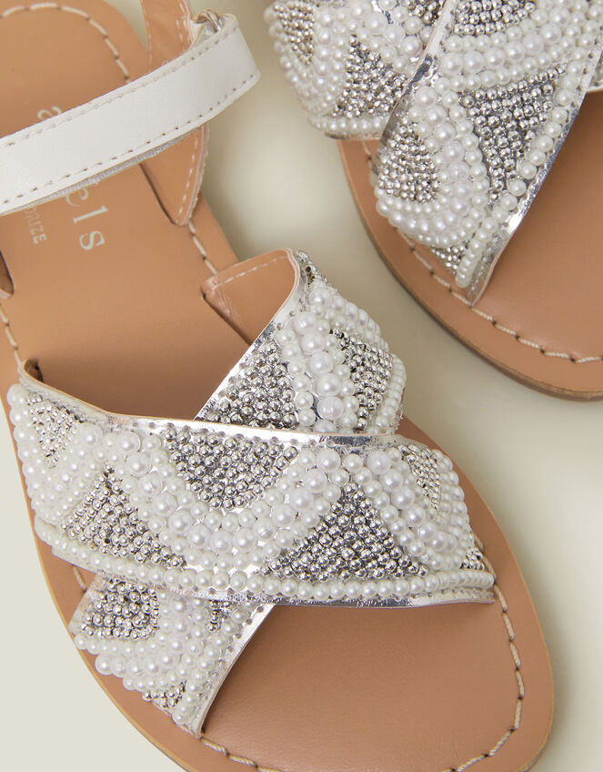 Girls Beaded Cross Strap Sandals, Ivory (IVORY), large