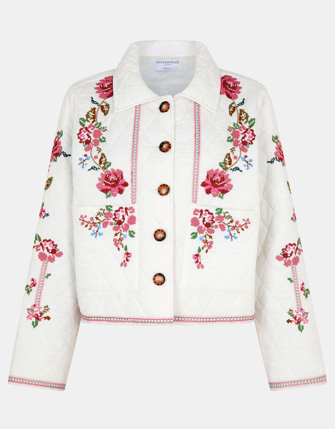 Floral Embroidered Quilted Jacket, Ivory (IVORY), large