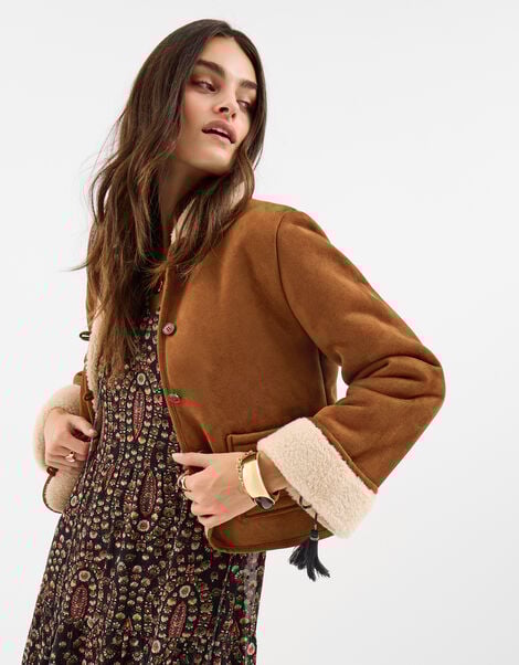 Floral Embroidered Faux Suede Jacket, Tan (TAN), large