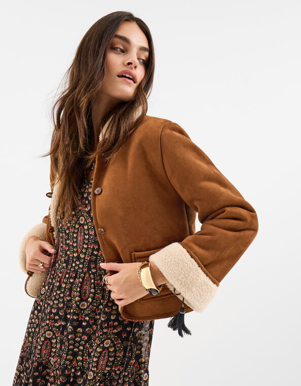 Floral Embroidered Faux Suede Jacket, Tan (TAN), large