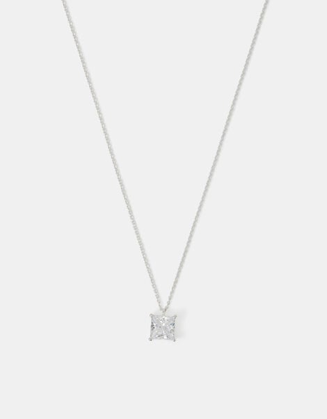 Sterling Silver Princess Cut Pendant Necklace, , large