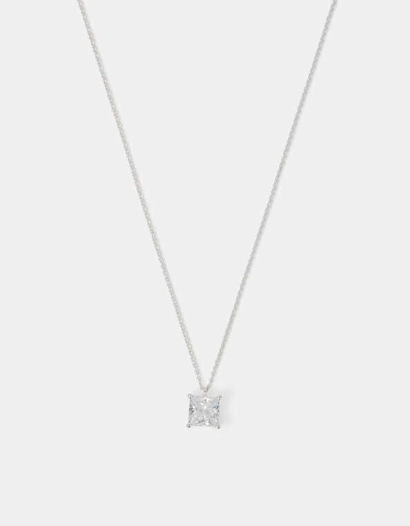 Sterling Silver Princess Cut Pendant Necklace, , large