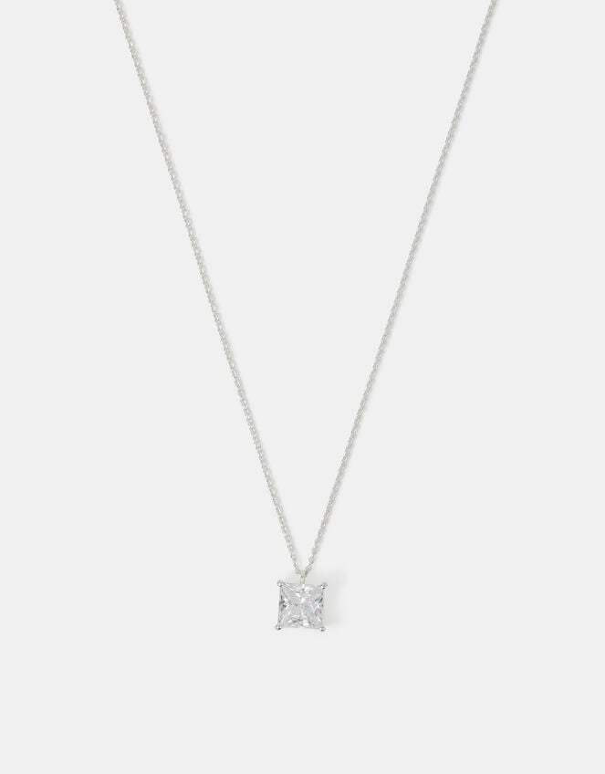 Sterling Silver Princess Cut Pendant Necklace, , large