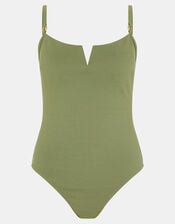 V Front Rib Shaping Swimsuit, Green (KHAKI), large