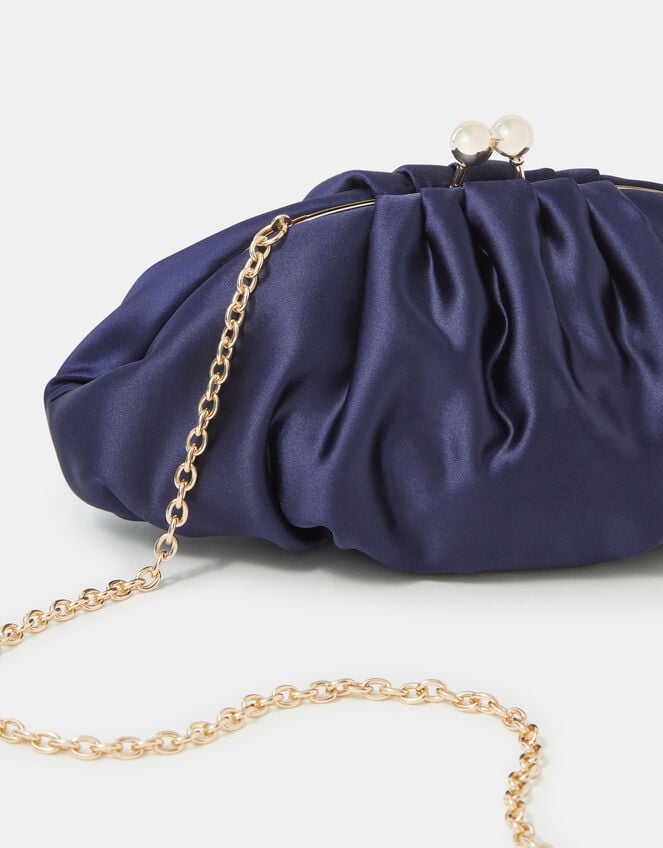 Ruched Satin Clip Frame Clutch Bag, Blue (NAVY), large