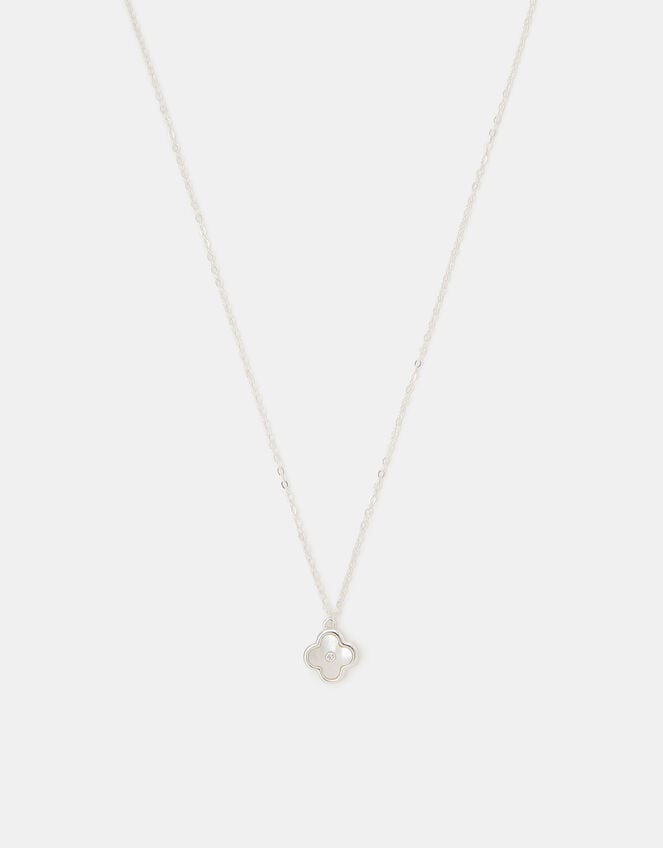 Sterling Silver Mother of Pearl Clover Pendant Necklace, , large