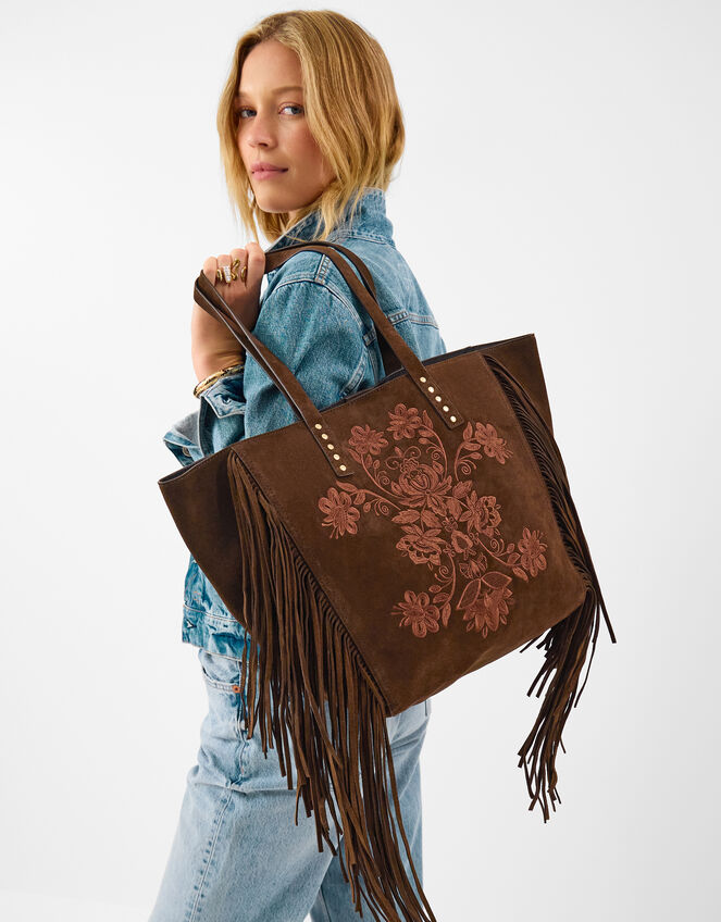 Embroidered Fringe Suede Tote Bag, , large