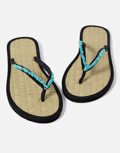 Turqouise Beaded Seagrass Flip Flops, Blue (TURQUOISE), large