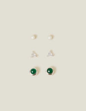 3-Pack Sterling Silver-Plated Green Quartz Studs, , large
