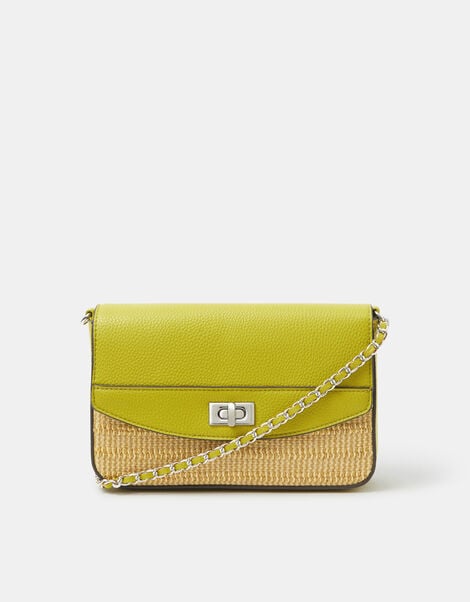 Twistlock Raffia Crossbody Bag, Green (LIME), large