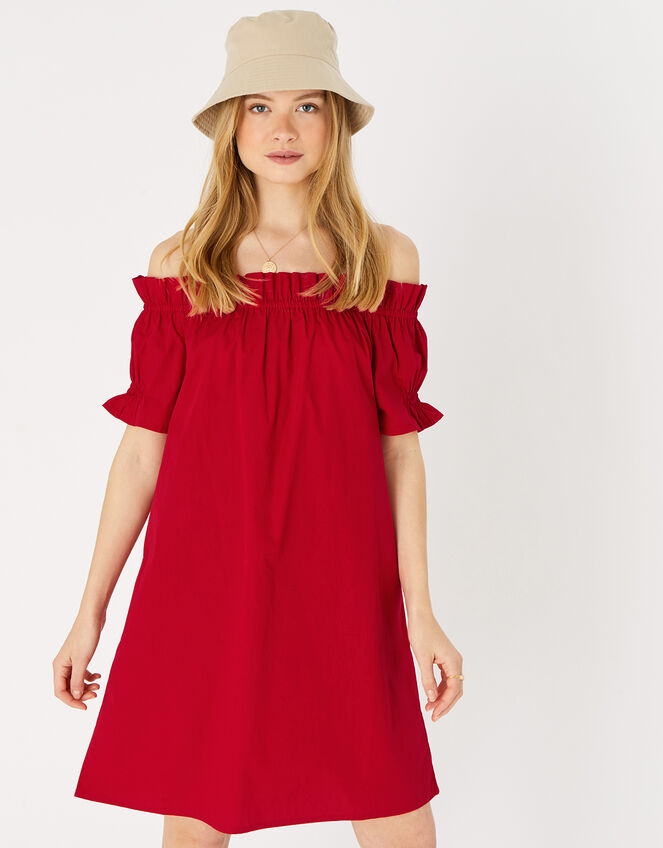 Poplin Frill Bardot Dress , Red (RED), large